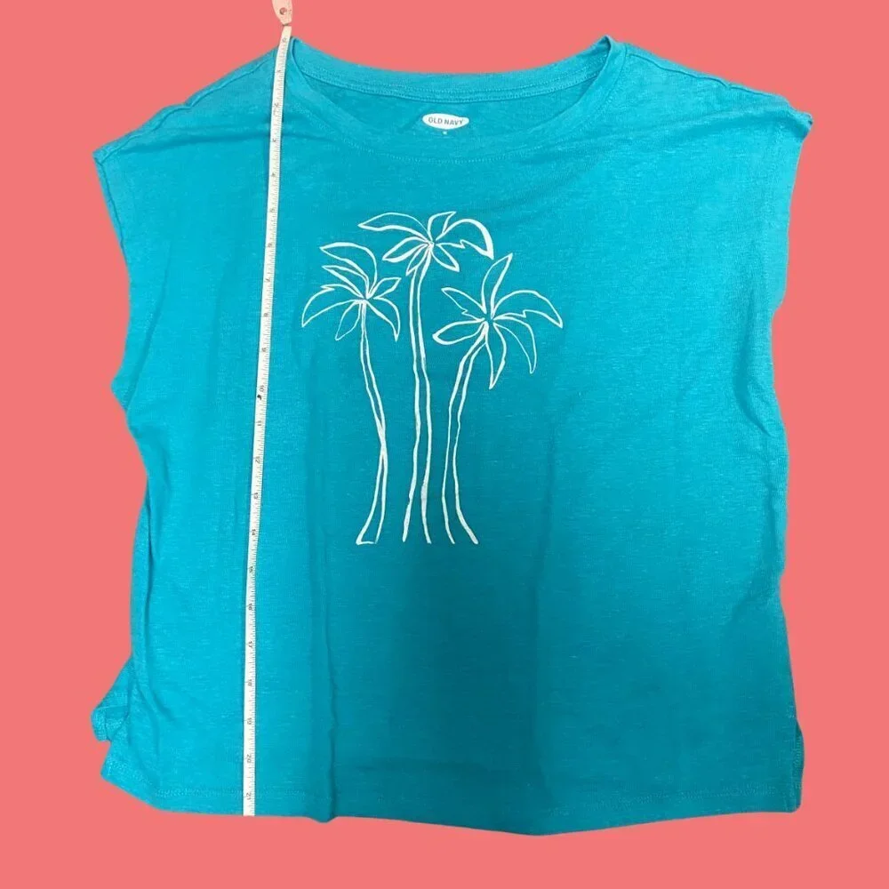Old Navy Palm Tree Graphic Tank Top – Blue Linen Blend Women’s Size M - Picture 3 of 6